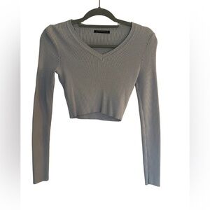 Brandy Melville Ribbed V-Neck Cropped Long Sleeve Top Blue One Size (EUC)